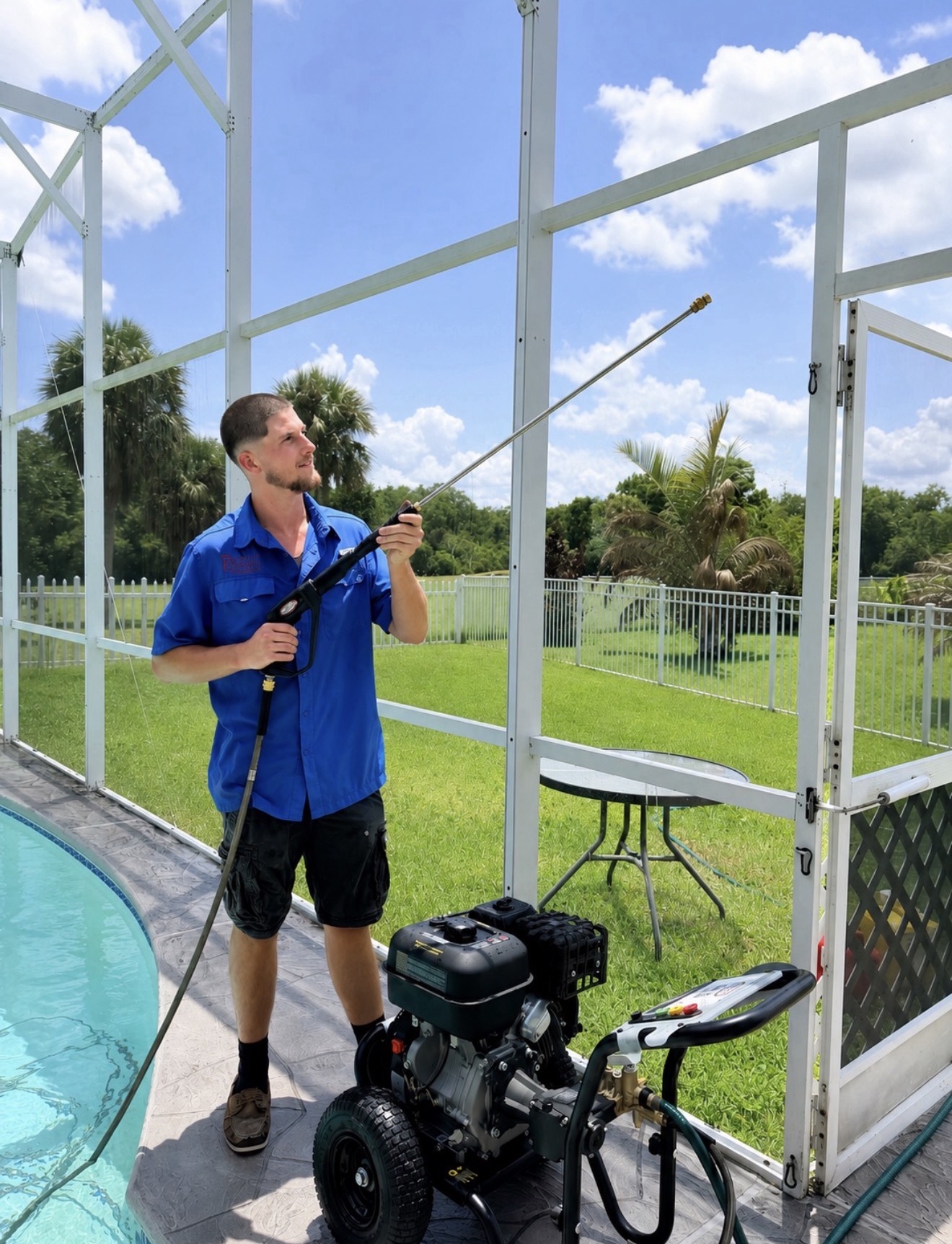 Jediah using an extension wand to clean a pool enclosure